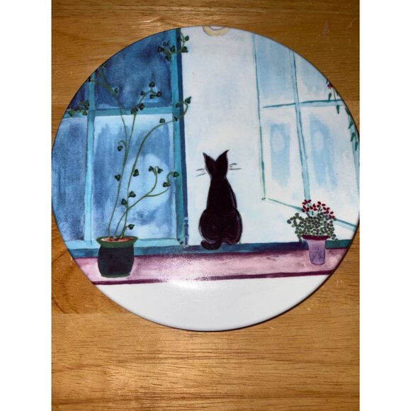 Mebel Italy Melamine Kitty Black Cat at Window Footed 8" Tray Plate Trivet - Picture 2 of 5